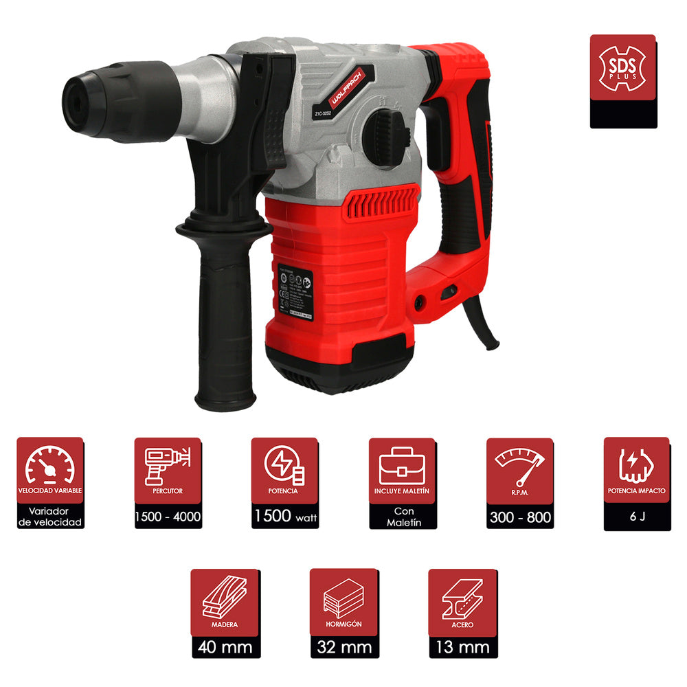 Martillo Perforador SDS PLUS 1.500 Watt. Con Accesorios y Maletin