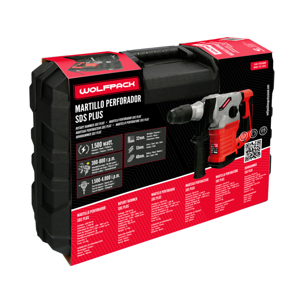 Martillo Perforador SDS PLUS 1.500 Watt. Con Accesorios y Maletin
