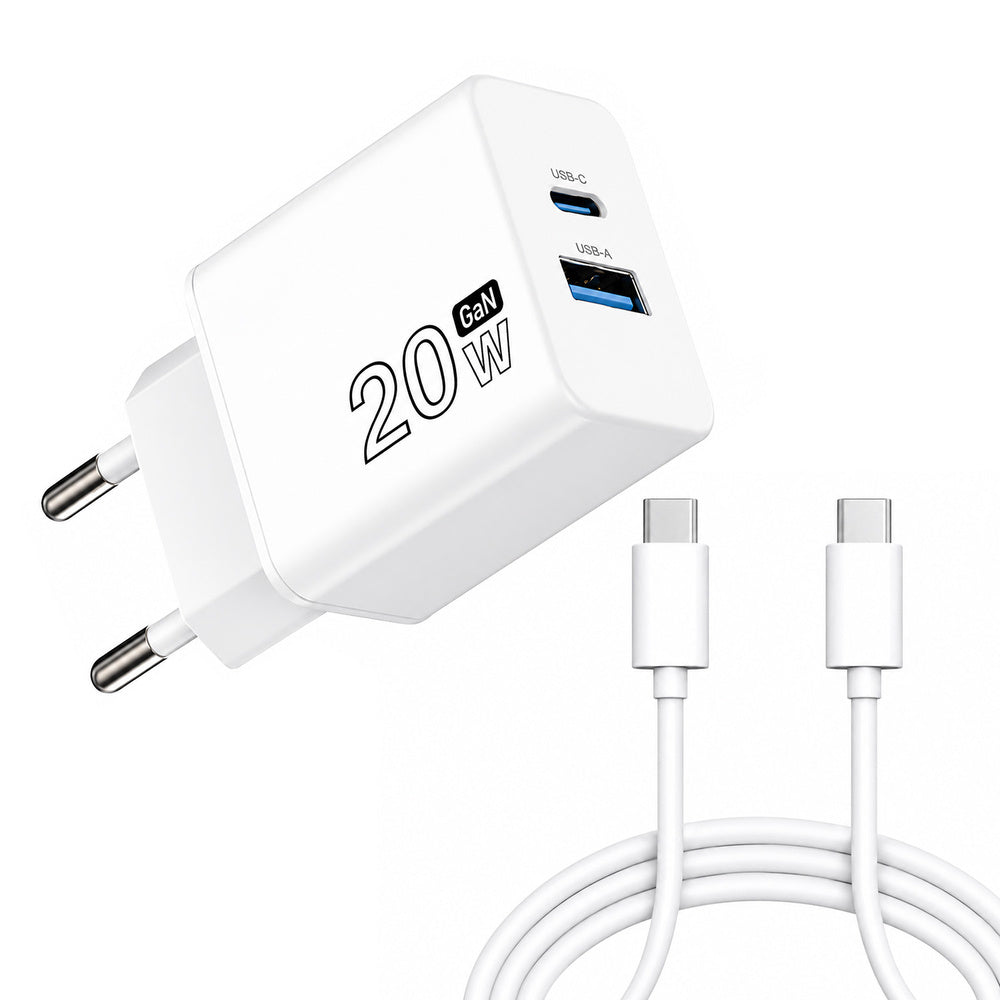 Cargador GaN 20 W. con puertos USB-A y USB-C. incluye cable USB-C a USB-C de 100 cm.