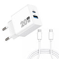 Cargador GaN 20 W. con puertos USB-A y USB-C. incluye cable USB-C a USB-C de 100 cm.