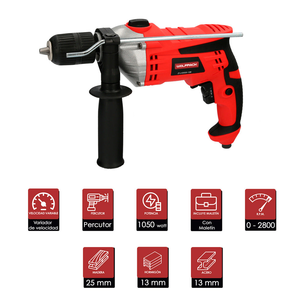 Taladro Percutor 1050 Watt. Con Variador de Velocidad. Incluye Maletín, Empuñadura y Guia Metalica.