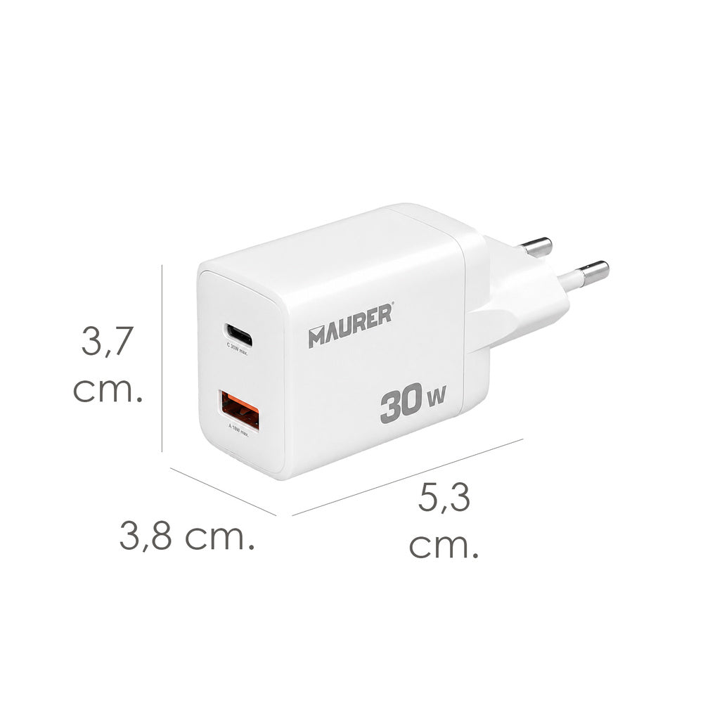 Cargador De Carga Rápida 30 W. Con Doble Puerto USB A y USB C