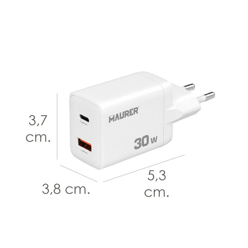 Cargador De Carga Rápida 30 W. Con Doble Puerto USB A y USB C