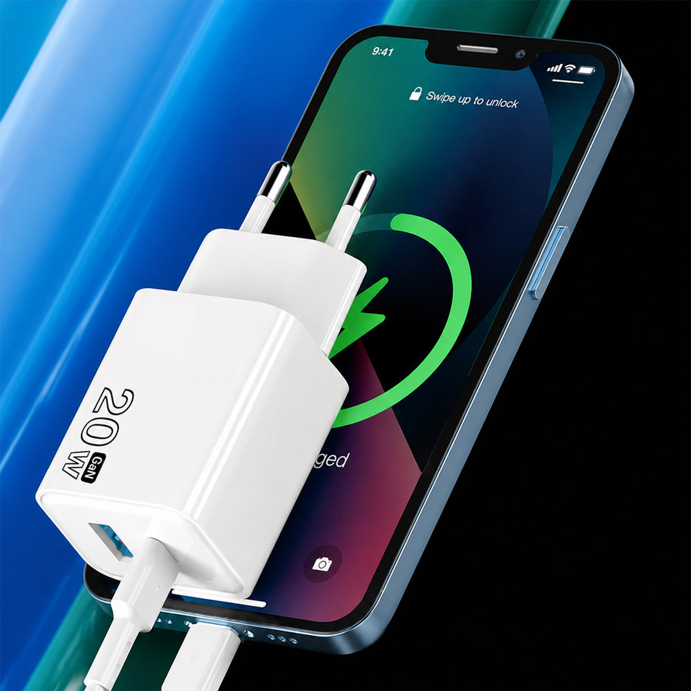 Cargador GaN 20 W. con puertos USB-A y USB-C. incluye cable USB-C a USB-C de 100 cm.