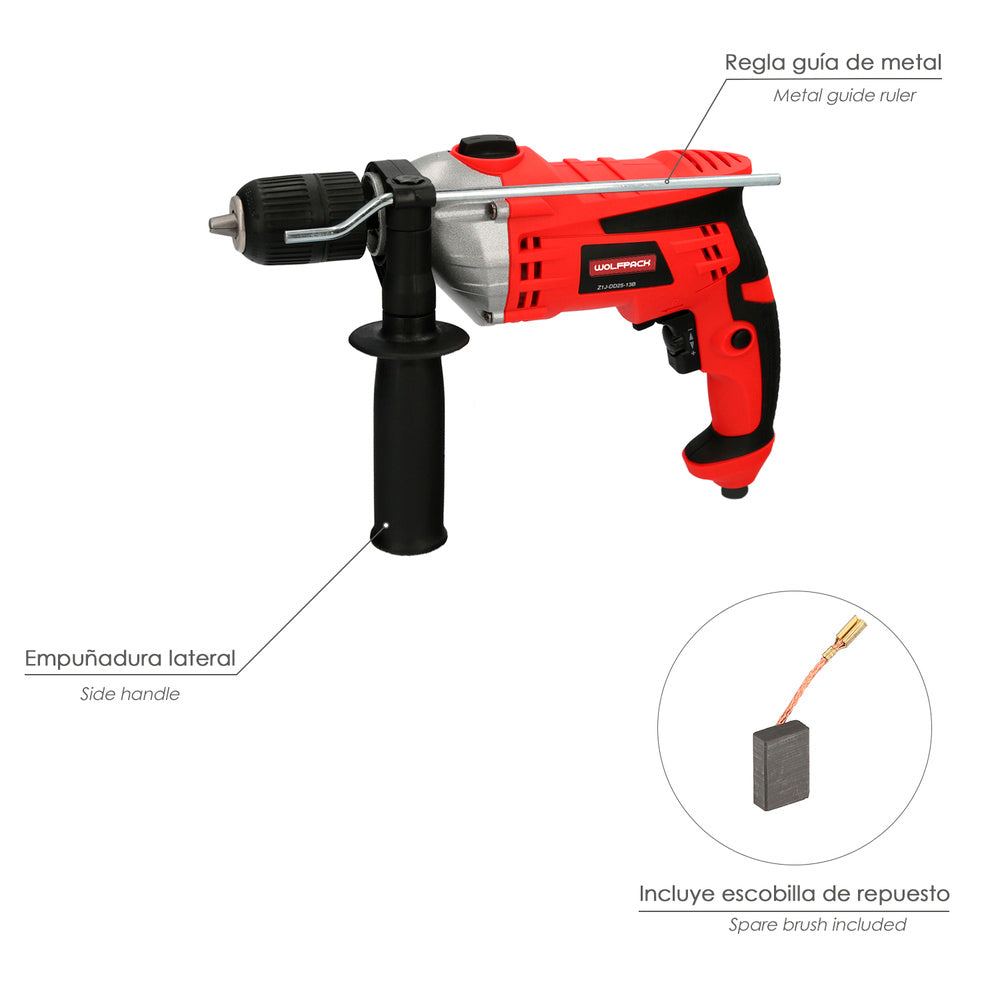 Taladro Percutor 1050 Watt. Con Variador de Velocidad. Incluye Maletín, Empuñadura y Guia Metalica.