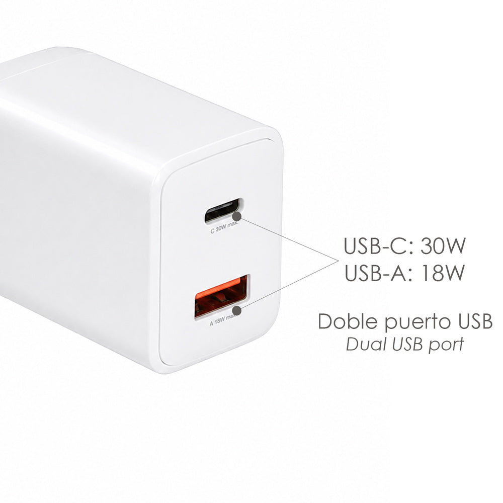 Cargador De Carga Rápida 30 W. Con Doble Puerto USB A y USB C