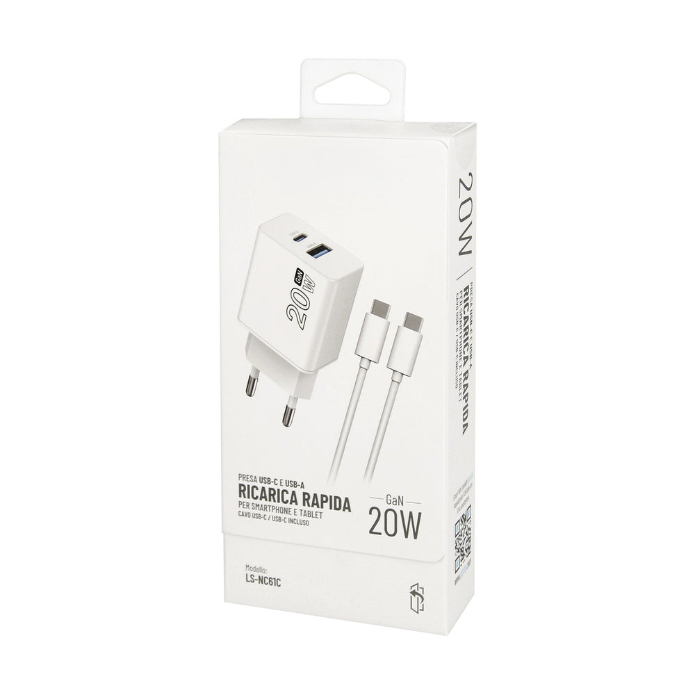Cargador GaN 20 W. con puertos USB-A y USB-C. incluye cable USB-C a USB-C de 100 cm.