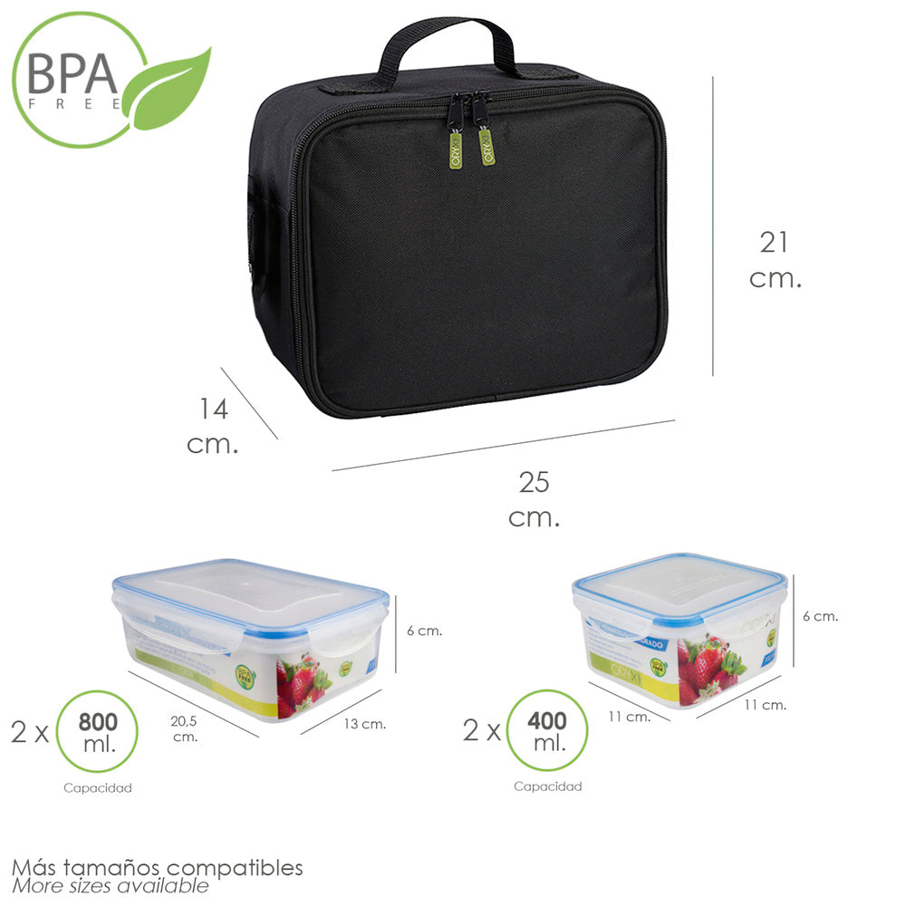 Bolsa Termica Con 4 Recipientes Hermeticos Plastico (2x800 ml + 2x400 ml.)